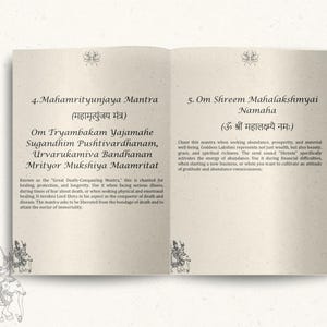 May include: Open book with two pages featuring Sanskrit text and English translations. The left page details the Mahamrityunjaya Mantra, while the right page explains the Om Shreem Mahalakshmyai Namaha mantra. Decorative lotus and elephant illustrations are present.