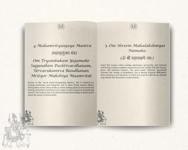 May include: Open book with two pages featuring Sanskrit text and English translations. The left page details the Mahamrityunjaya Mantra, while the right page explains the Om Shreem Mahalakshmyai Namaha mantra. Decorative lotus and elephant illustrations are present.