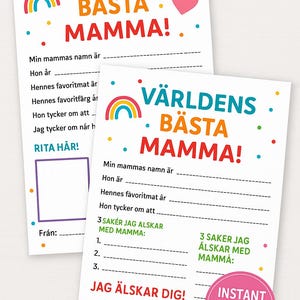 Adorable tarjeta del Día de la Madre para imprimir - Póster personalizable para niños - PDF sueco A4 para regalar al instante el 25 de mayo