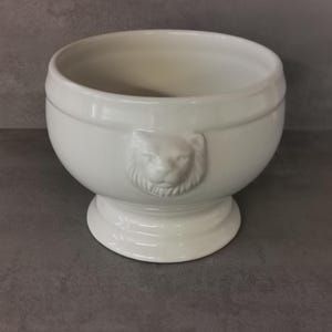 Könnte beinhalten: Eine weiße Keramikschale mit einem Löwenkopf-Detail. Die Schale hat eine breite, offene Oberseite und steht auf einem Sockel. Der Löwenkopf befindet sich mittig an der Seite. Die Schale eignet sich zum Servieren oder zur Dekoration.