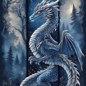 May include: A detailed illustration of a blue and silver dragon with a long, serpentine body and large wings. The dragon is set against a dark blue background with a forest and starry night scene.