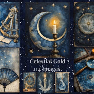 May include: A collage of watercolor illustrations with a celestial theme. Images include a crescent moon, candles, a fan, a compass, and an astrolabe, all set against a dark blue starry background. The text "Celestial Gold 114 Images" is also present.