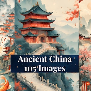 Ancient China Watercolor Clipart, Asian Landscape & Pagodas (Digital Download)