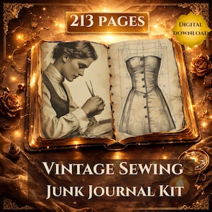 May include: An open book with sepia-toned pages featuring a vintage illustration of a woman sewing and a corset sketch. The cover reads "VINTAGE SEWING JUNK JOURNAL KIT" with "213 PAGES" and "DIGITAL DOWNLOAD" labels.
