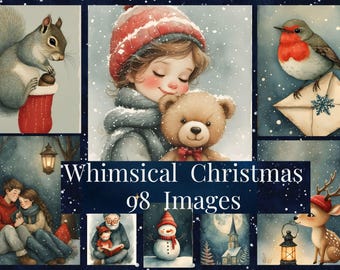 May include: A collection of watercolour illustrations with a winter theme. It features a squirrel, a child with a teddy bear, a robin, a couple, a grandfather reading to a child, a snowman, a church, and a deer. Text reads "Whimsical Christmas 98 Images."