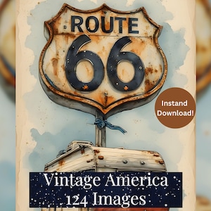 Puede incluir: Ilustración en acuarela de un letrero vintage de la Ruta 66 con el número 66 en azul oscuro. El letrero está oxidado y montado sobre un poste encima de una caravana vintage. La imagen incluye el texto "Vintage America 124 Images."