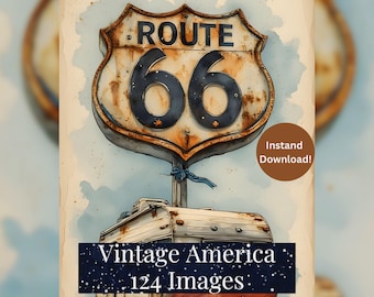 Paquete de 124 imágenes prediseñadas vintage de Estados Unidos en formato JPG, ilustraciones de viajes retro de la Ruta 66, monumentos nostálgicos de EE. UU., colección de imágenes JPG rústicas imprimibles.
