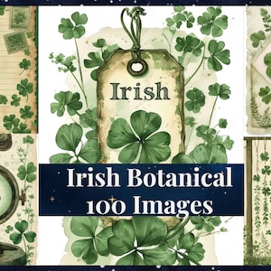 May include: A collection of watercolour illustrations with an Irish botanical theme. The images feature shamrocks, vintage paper, and the word "Irish" on a tag. The text "Irish Botanical 100 Images" is also present.