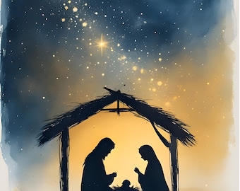 May include: Watercolor illustration of the Nativity scene. Silhouettes of Mary, Joseph, and baby Jesus are in a stable under a starry night sky. The artwork uses a palette of blues, golds, and browns, evoking a sense of peace and reverence.