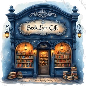 Könnte beinhalten: Aquarellillustration eines Buchladens mit dem Text "Book Lover Gift" über dem Eingang. Das blaue Gebäude hat gewölbte Fenster, gefüllt mit Büchern, und wird von warmen Innenlichtern und Außenlaternen beleuchtet.