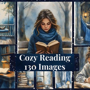 May include: Watercolor illustrations depicting cozy reading scenes. The images feature people reading books in various settings, including a porch swing, a hammock, and at a desk. The color palette is dominated by blues and browns. Text on the image reads "Cozy Reading 130 Images."