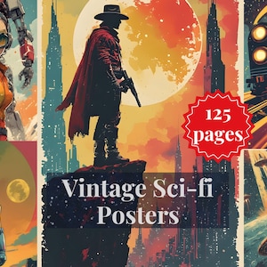 Vintage Sci Fi-affisch Junk Journal-paket – 108 JPG Retro rymdväggkonst Utskrivbar – Mid Century Pulp Science Fiction Dekor Set Scrapbooking