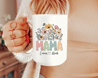 Wildflower Mom Mug Personalized Mother's Day Gift for Mom - New Mama Gift Coffee Cup 11 or 15 oz - Retro Pastel Design on Both Sides