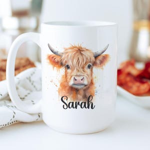 Personalized Highland Cow Mug Cute Cow Gifts for Women Farm Animal Gifts for Her - Ceramic Coffee Cup Available in Two Sizes