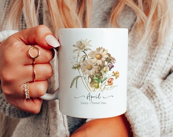 Personalized April Birthday Mug - Custom April Birthday Gifts for Her - Birth Flower Daisy Present - Ceramic Coffee Cup Available Two Sizes