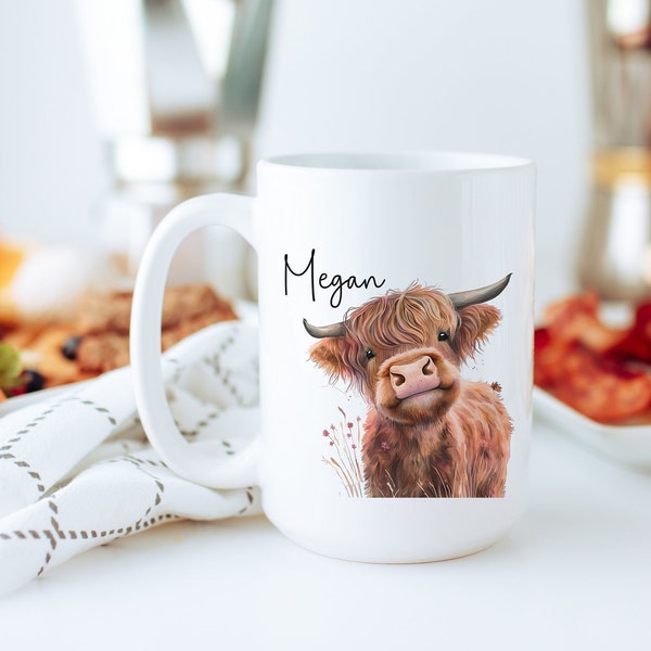 Cute Highland Cow Mug Personalized - Cow Lover Birthday Gifts for Women - Dishwasher Safe Ceramic Coffee Cup Available in Two Sizes