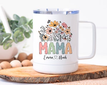 Custom Mama Wildflower Mug with Kids Names - Personalized Mother's Day Gifts for Mama - 10 oz Insulated Low Profile Travel Mug with Handle