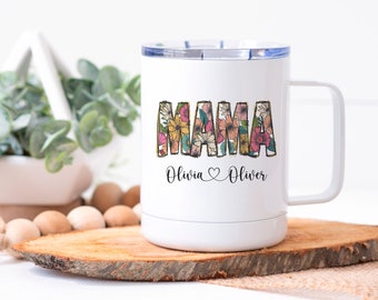 Mama Cup Personalized with Kids Names - Custom Mom Gifts for Coffee Lovers - 10 oz Insulated Lightweight Stainless Steel - Floral Design