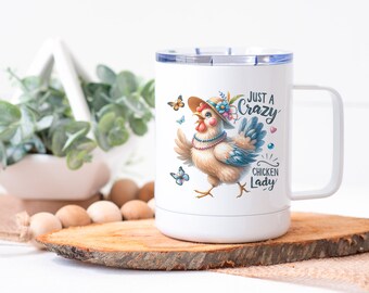 Funny Chicken Stainless Steel Coffee Cup with Lid - Crazy Chicken Lady Gifts for Her - 10 oz Insulated Low Profile Travel Mug with Handle