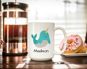 Narwhal Mug Personalized Mug for Kids - Narwhal Gift - Birthday Gift Kids - Ceramic Coffee Cup - Design on Both Sides