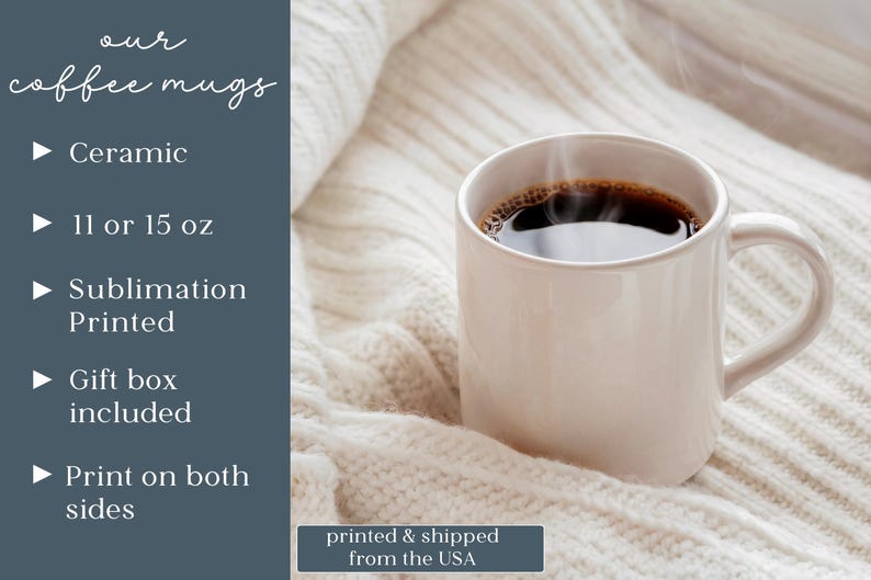 K&ouml;nnte beinhalten: Eine hellrosa Keramik-Kaffeetasse gef&uuml;llt mit dunklem Kaffee, aus dem Dampf aufsteigt. Die Tasse steht auf einer wei&szlig;en Strickoberfl&auml;che. Text auf der linken Seite lautet "unsere Kaffeetassen" und listet Merkmale auf.