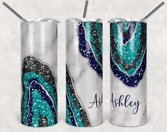 Personalized Blue Geode Tumbler with Straw -  Custom 20oz Travel Cup with Name -  Printed Faux Glitter Agate Wraparound Design
