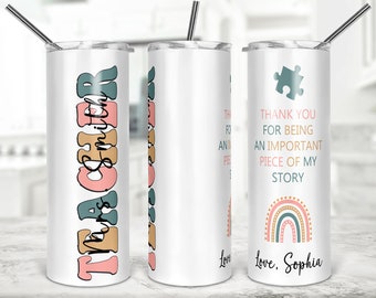 Teacher Tumbler Personalized End of Year Teacher Gifts for Women - 20 oz Insulated Travel Cup with Lid - Bubble Letters Quote Rainbow