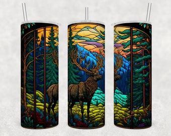 Colorful Stained Glass Moose Skinny Tumbler - Nature Lover Gift for Women - 20 oz Tall Travel Cup with Lid - Printed Wraparound Design