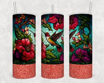 Hummingbird Tumbler Stained Glass - Hummingbird Gifts for Women - 20 oz Skinny Tumbler Insulated - Faux Glitter Printed Design