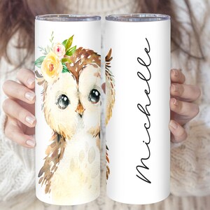 Personalized Owl Tumbler Custom Owl Gifts Bird Watcher Gift Woman 20 oz Skinny Tumbler With Straw Insulated Travel Cup With Lid