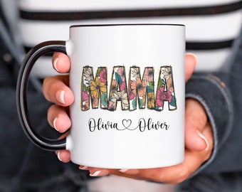 Mama Mug with Kids Names - Mom Gift for Mothers Day -  11 oz or 15 oz Ceramic Coffee Cup - Bright Floral Design on Both Sides