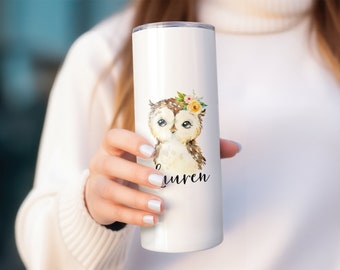 Personalized Owl Tumbler with Straw - Custom Owl Gifts for Her - 20 oz Skinny Tumbler Insulated - Permanent Design on Both Sides