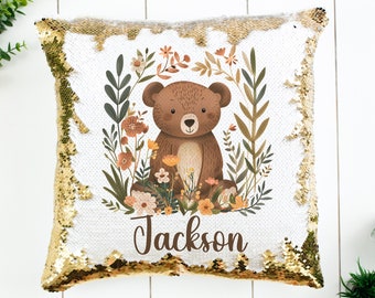 Bear Pillowcase Personalized Sequin Pillow Cover - Children's Room Decor Woodland - Several Sequin Color Options - Pillow Insert Available