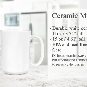 K&ouml;nnte beinhalten: Eine wei&szlig;e Keramiktasse mit gro&szlig;em Henkel. Die Tasse ist 9,5 cm hoch und fasst 312 ml. Der Text auf dem Bild lautet "Keramikbecher" und listet Eigenschaften wie BPA- und bleifrei auf. Sp&uuml;lmaschinen- und mikrowellengeeignet.
