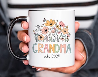 Grandma Est 2024 Mug - New Grandma Mothers Day Gift for Grandma - 11 oz or 15 oz Ceramic Coffee Cup - Retro Wildflower Design on Both Sides