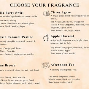 May include: A fragrance menu titled CHOOSE YOUR FRAGRANCE listing six scents: Vanilla Berry Swirl, Citrus Agave, Pumpkin Caramel Praline, Apple Harvest, Ocean Breeze, and Afternoon Tea. Each entry includes a small icon, description, and scent notes.