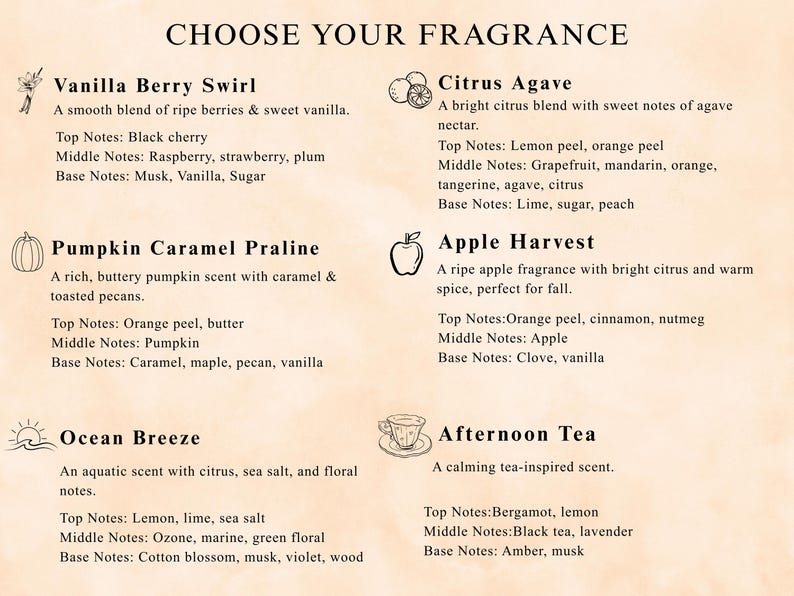 May include: A fragrance menu titled CHOOSE YOUR FRAGRANCE listing six scents: Vanilla Berry Swirl, Citrus Agave, Pumpkin Caramel Praline, Apple Harvest, Ocean Breeze, and Afternoon Tea. Each entry includes a small icon, description, and scent notes.