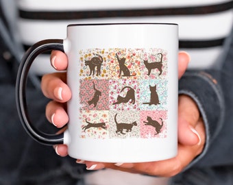 Cat Mug - Cat Lover Gifts for Women - Cat Owner Coffee Mug for Her - Rustic Vintage Quilt Farmhouse Design on Both Sides