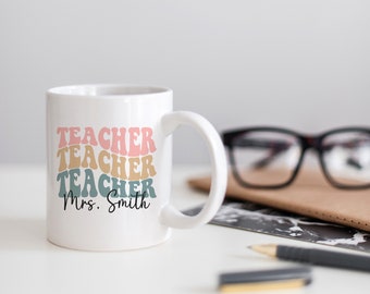 Custom Teacher Coffee Mug with Name - Personalized Teacher Appreciation Gifts for Women - Wavy Retro Design on Both Sides