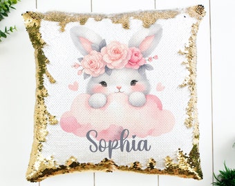 Bunny Pillowcase Personalized Sequin Pillow Cover - Children's Bedroom Decor - Several Sequin Color Options - Pillow Insert Available