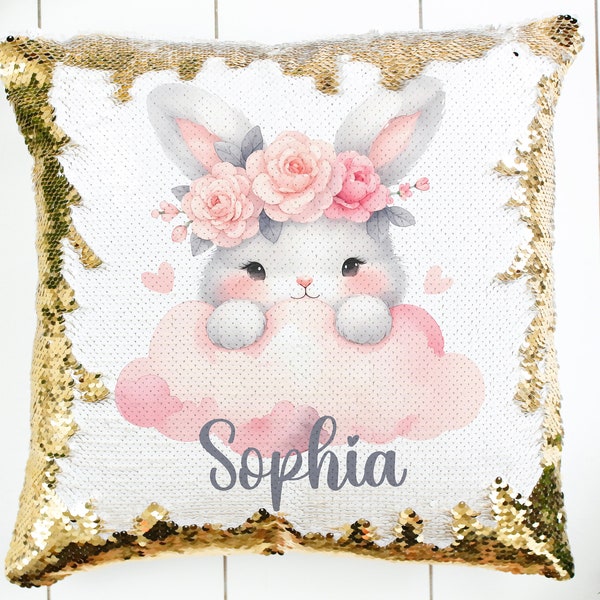 Bunny Pillowcase Personalized Sequin Pillow Cover - Children's Bedroom Decor - Several Sequin Color Options - Pillow Insert Available