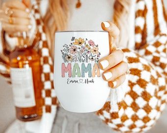 Mama Wildflower Wine Tumbler Personalized Mothers Day Gifts for Mom Wine Cup with Kids Names - Pastel Retro Design on Both Sides