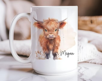 Personalized Highland Cow Coffee Mug Cute Highland Cow Gifts Friend Just Because Gift for Cow Lovers - Available in Two Sizes