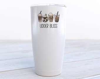 Udder Bliss Cow Travel Coffee Cup with Lid - 20 oz Insulated Tumbler - Cow Gifts for Women - Design on Both Sides