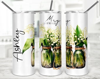 May Birth Flower Skinny Tumbler Personalized Gift Friend May Birthday Gifts for Her - 20 oz Insulated Travel Cup - Lily of the Valley