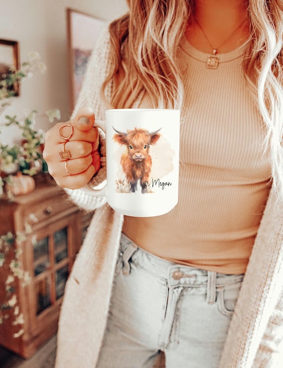 Personalized Highland Cow Coffee Mug Cute Highland Cow Gifts Friend Just Because Gift for Cow Lovers - Available in Two Sizes