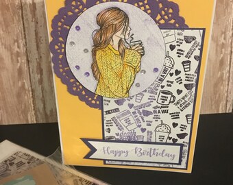 Purple and yellow Coffee birthday card