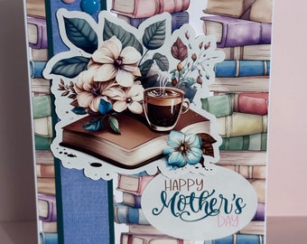 Carte Fleurs bleu sarcelle avec café et livres pour la fête des Mères