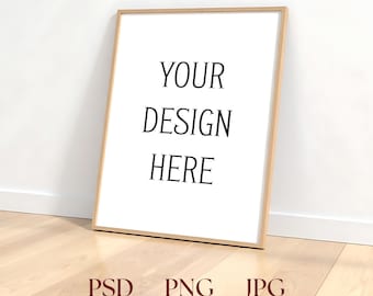 Vertical leaning wood Frame Mockup, Angle view, Minimalistic  Mockup, Digital Download with smart object,PSD, PNG, JPG, Clean Poster display