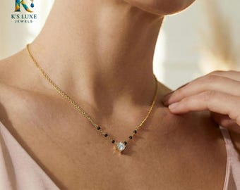 Diamond Mangalsutra Necklace, Black Bead Gold Necklace, Minimalist Solitaire Pendant, Dainty Bridal Mangal sutra, Gift for Wife
